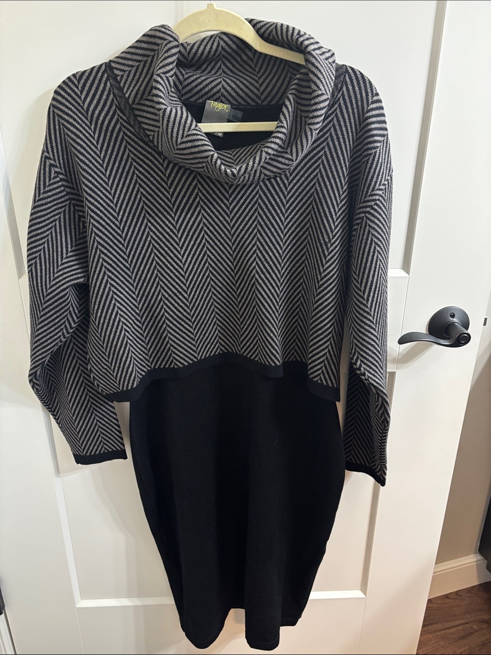 Taylor Black & Gray Chevron Cowl Neck Sweater Dress
